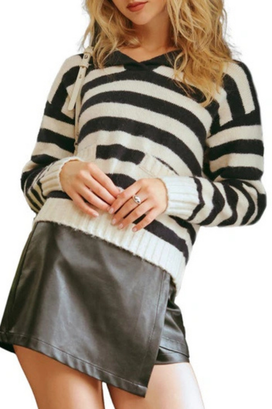 Navy & Cream Striped Hoodie|1794