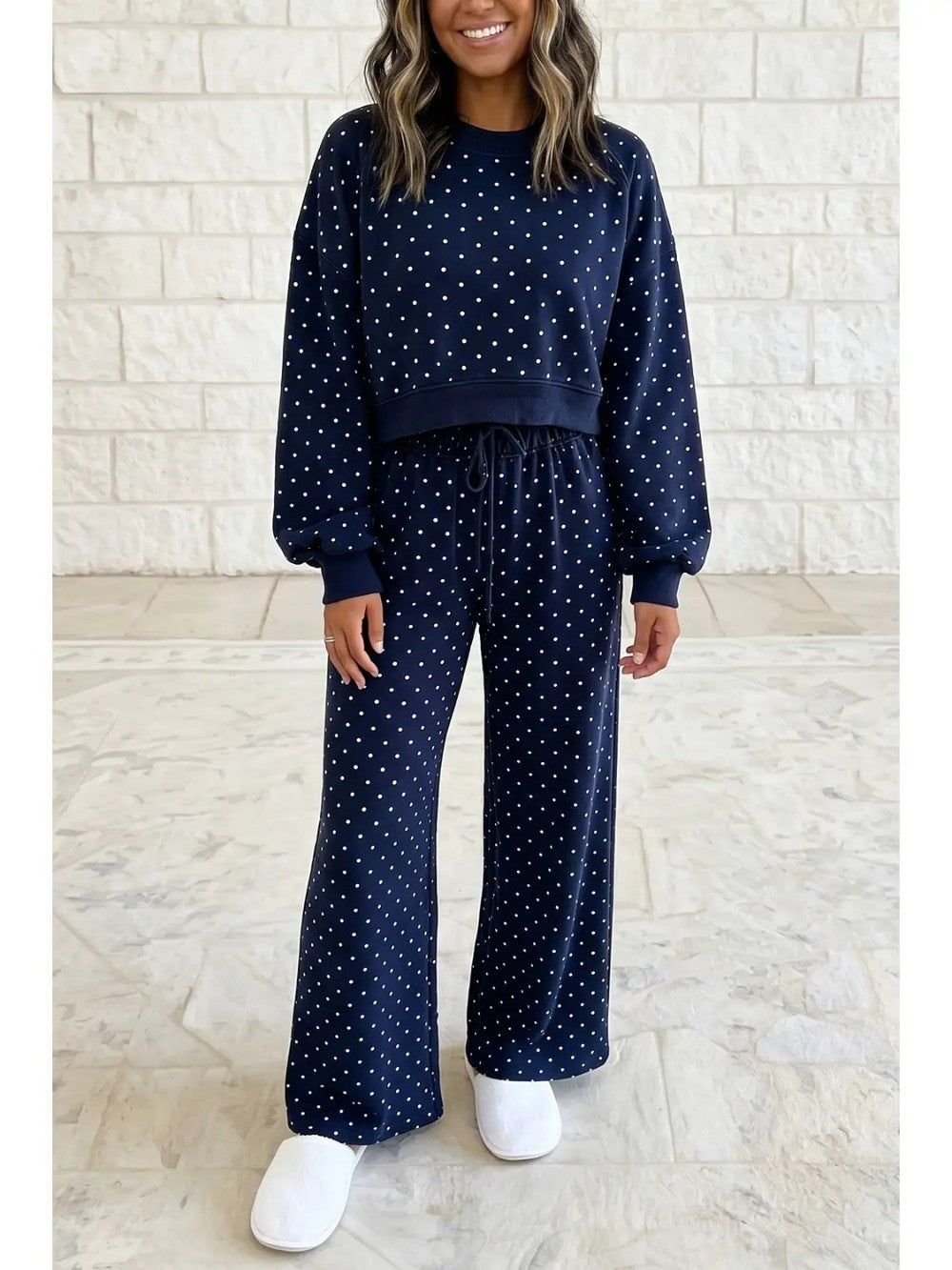 Polka Dot Navy Wide Leg Set|9139
