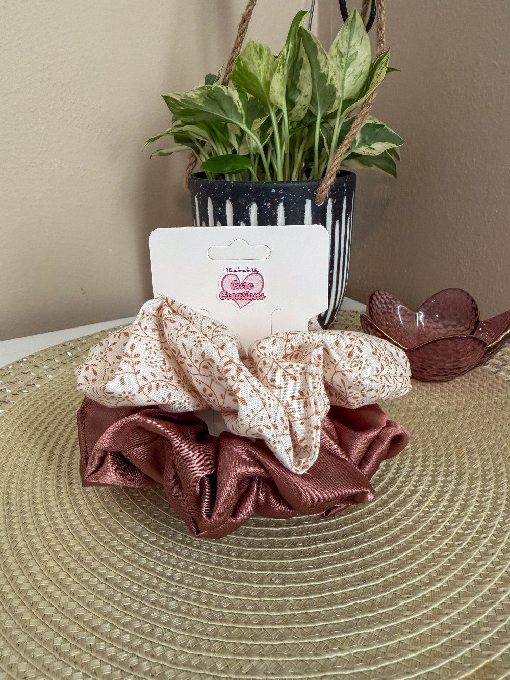 Light Brown & Leaf Patter Scrunchie Set|7411