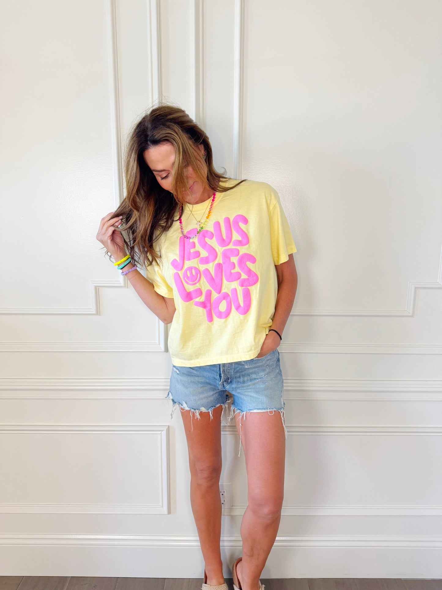 Smiley Jesus Loves You Puff Cropped Tee