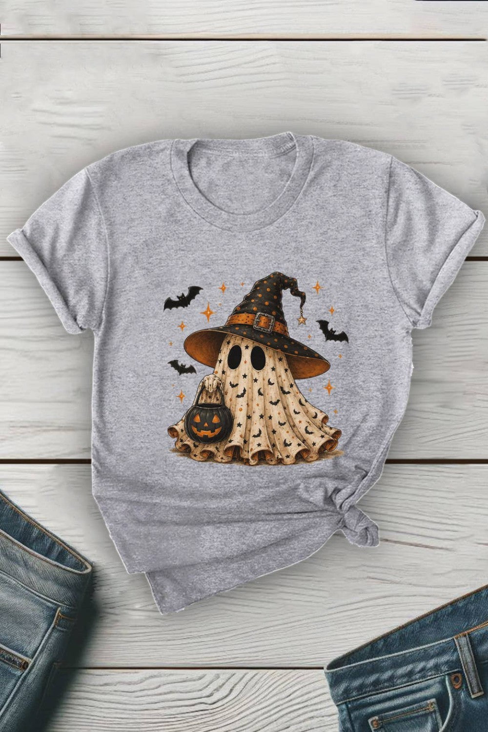 Halloween Trick or Treat Ghost Unisex Round Neck Tee: Heather Grey / Graphic T-Shirt|9178