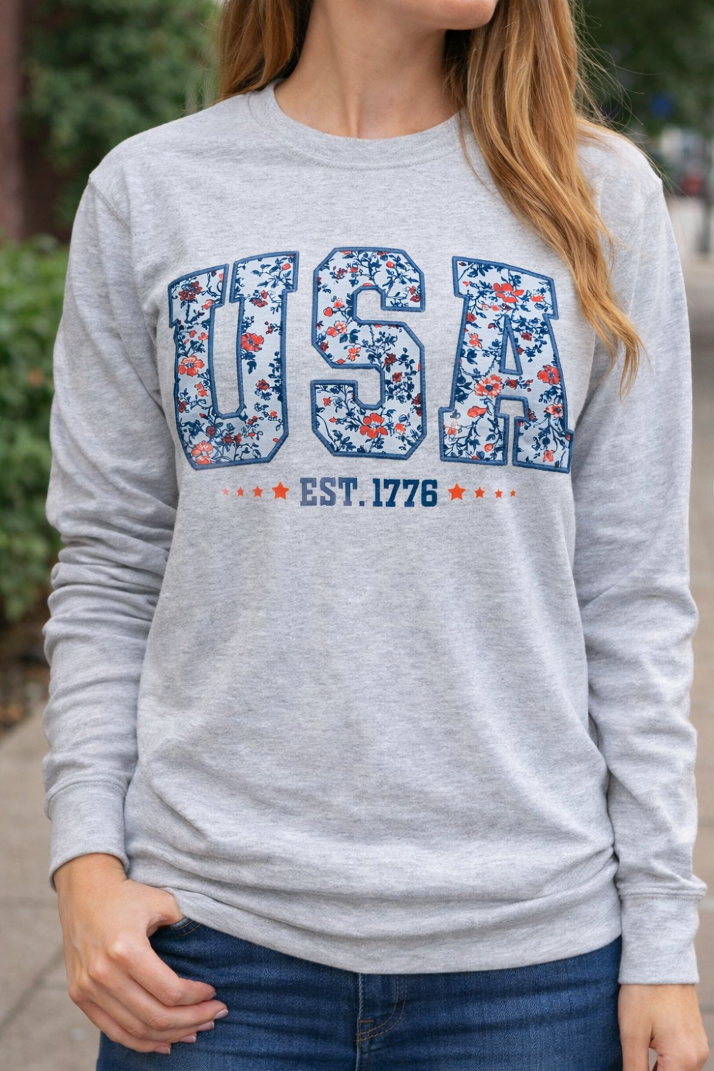 USA Floral Graphic Long Sleeve Tee – Heather Gray|6065