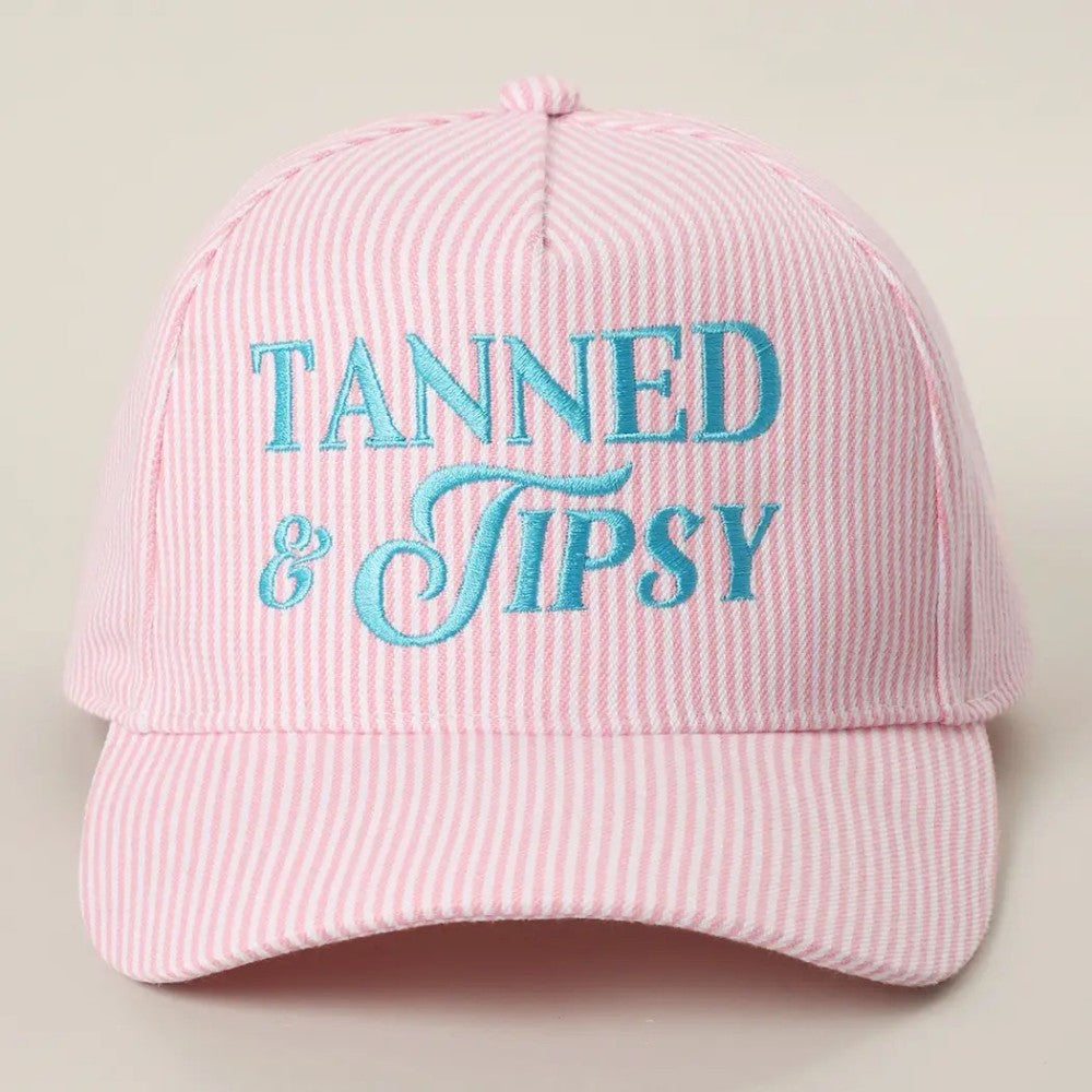Tanned & Tipsy Embroidered Seersucker Stripe Trucker Hat|8030