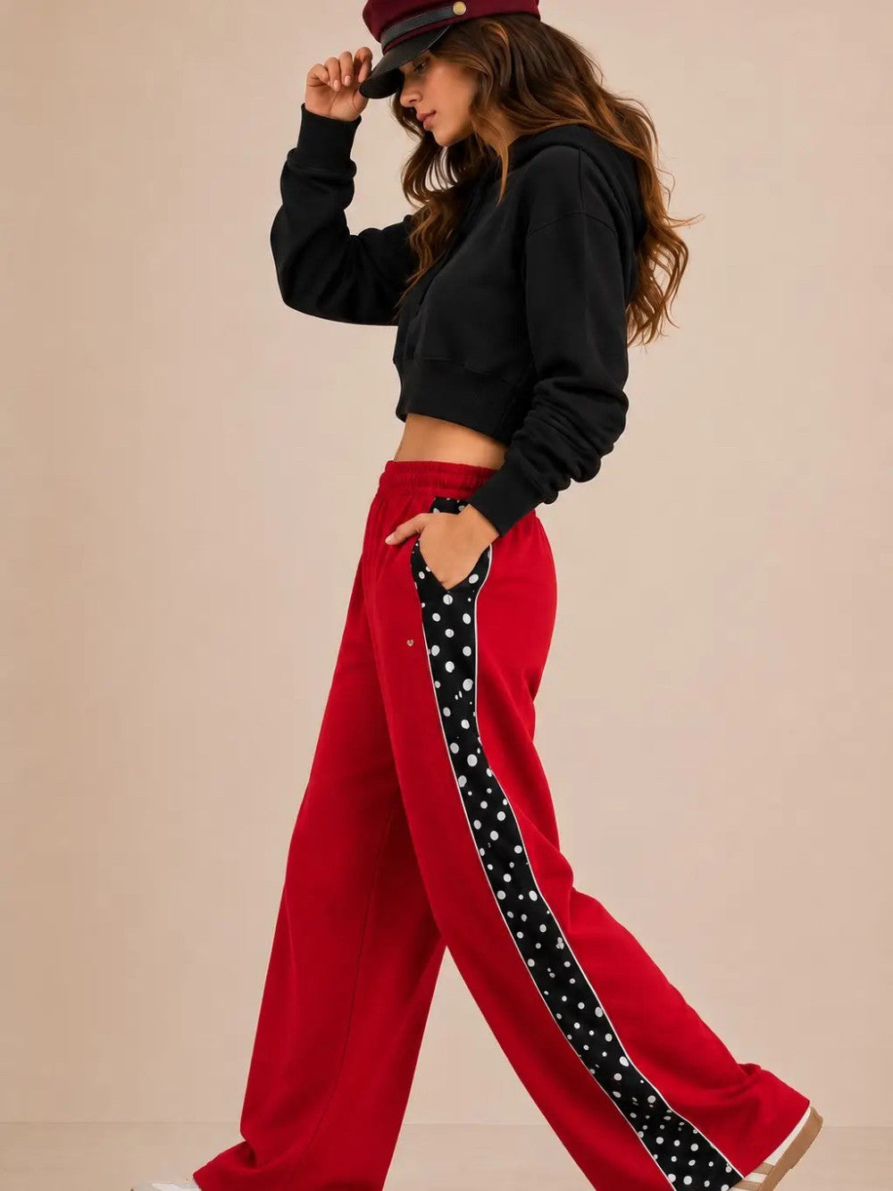 Polka Dot Side Stripe Wide Leg Sweatpants|9375
