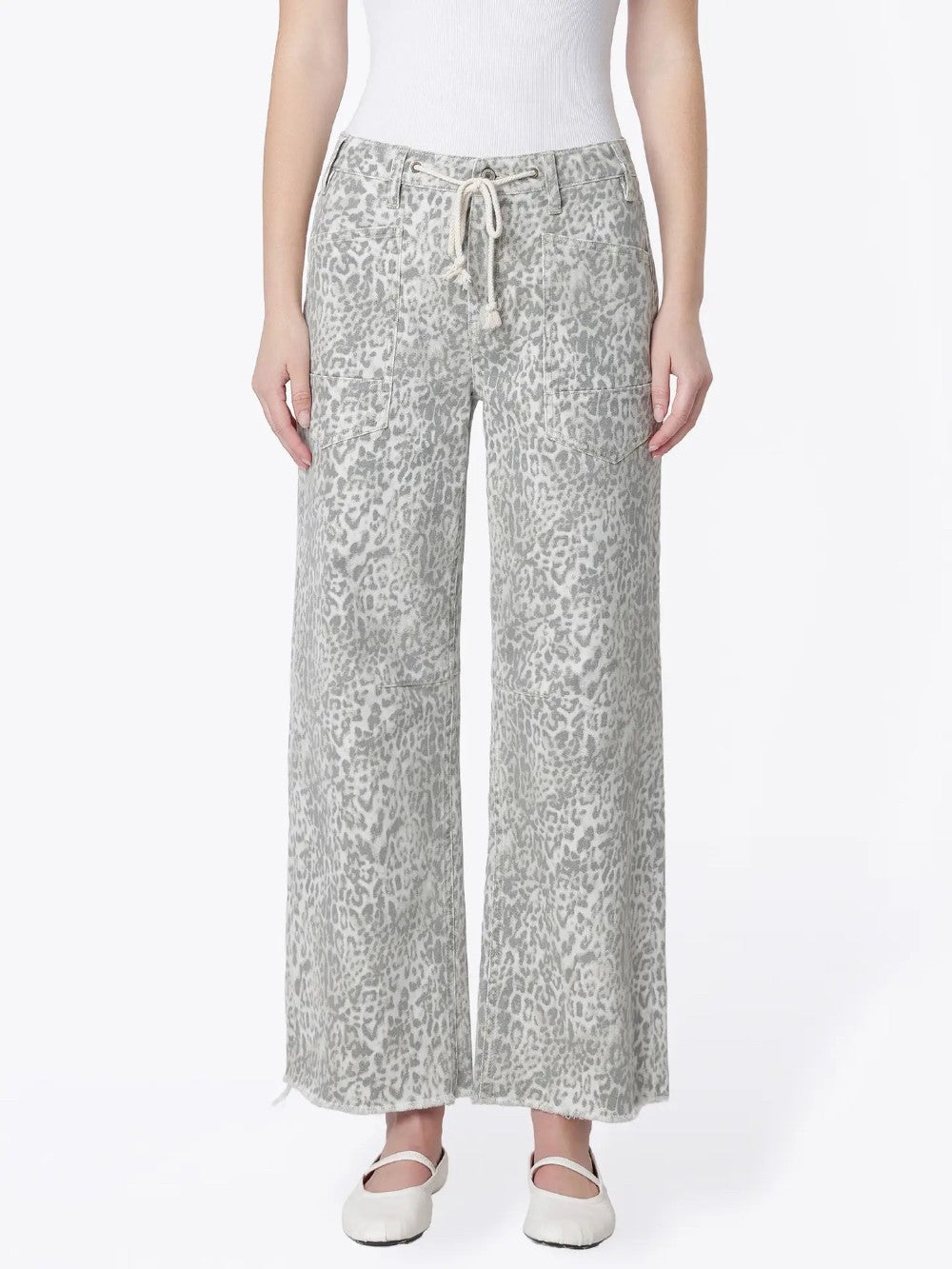 Leopard Print Drawstring Ankle Wide Jeans|9211