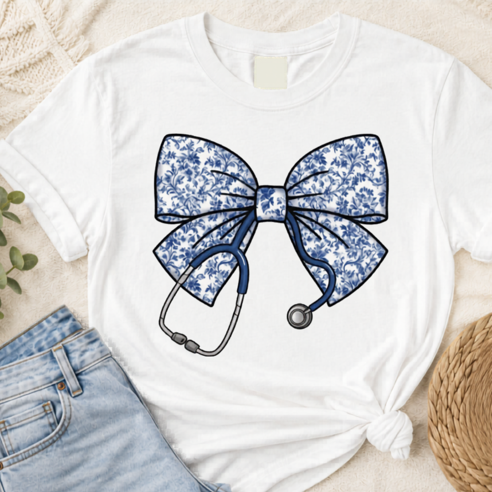 Nurse Coquette Bow & Stethoscope Graphic Tee|7873