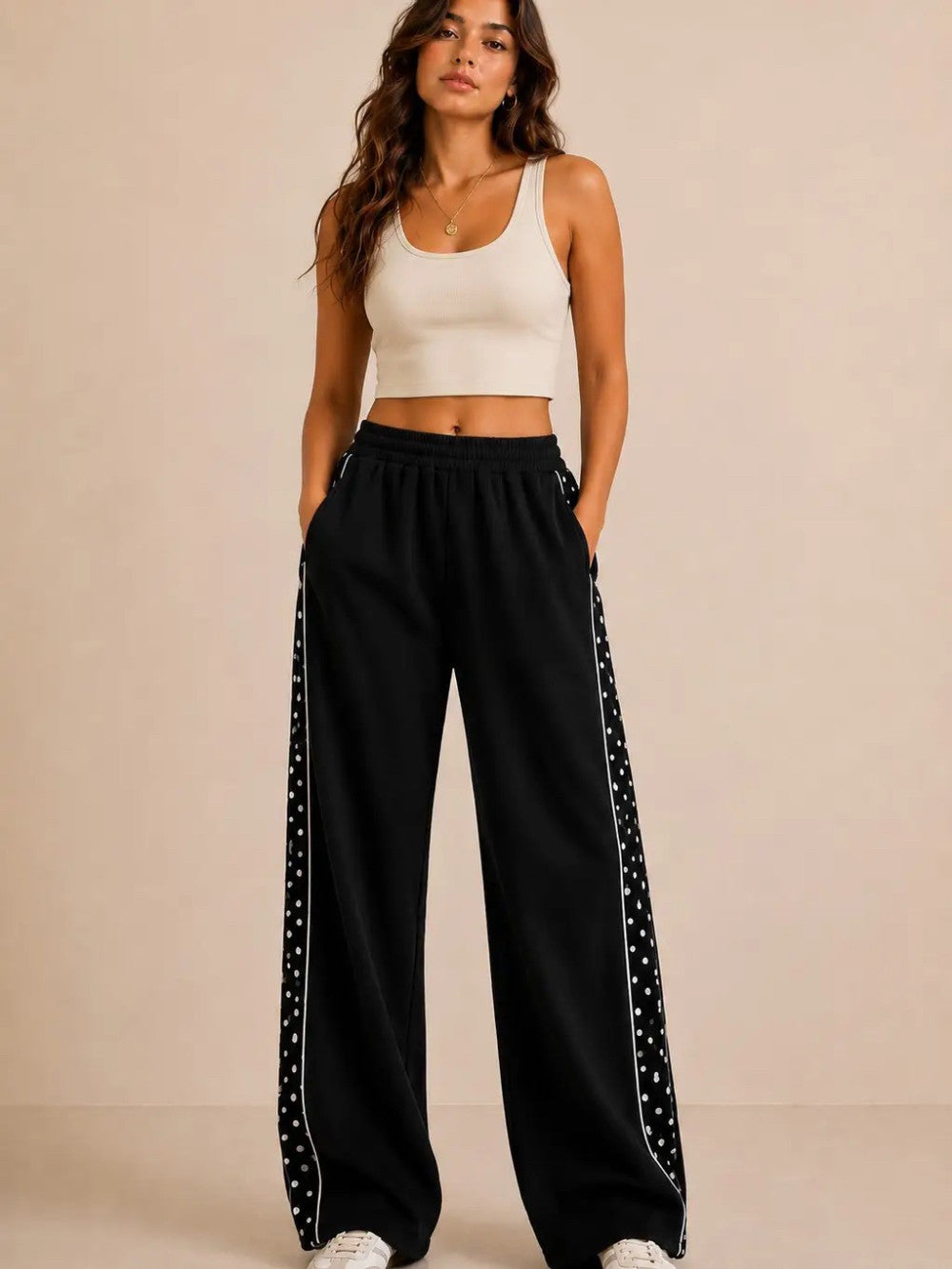 Polka Dot Side Stripe Wide Leg Sweatpants - Black|9378