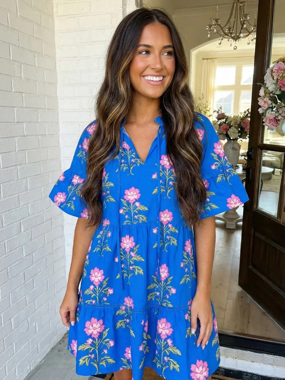 Las V Neck Short Sleeve Loose Flower Dress|9014