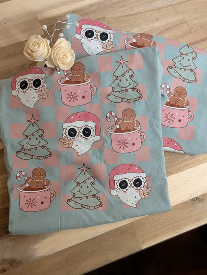 Retro Santa Checkerboard Kids Tee|2237