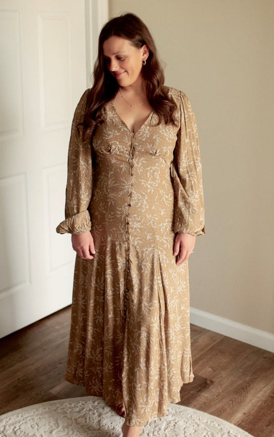 Brown Floral Button Maxi Long Sleeve|730