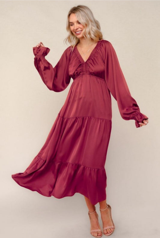 Plus Size-Burgundy Satin Dress|2160