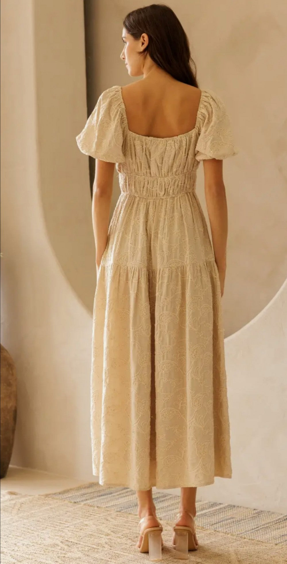 Beige Floral Embrodiered Maxi Dress|5768