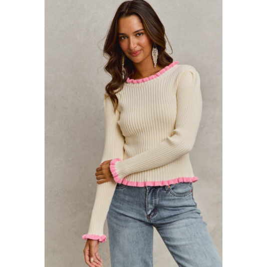 Lettuce Hem Pink and Cream Long Sleeve Top|5567