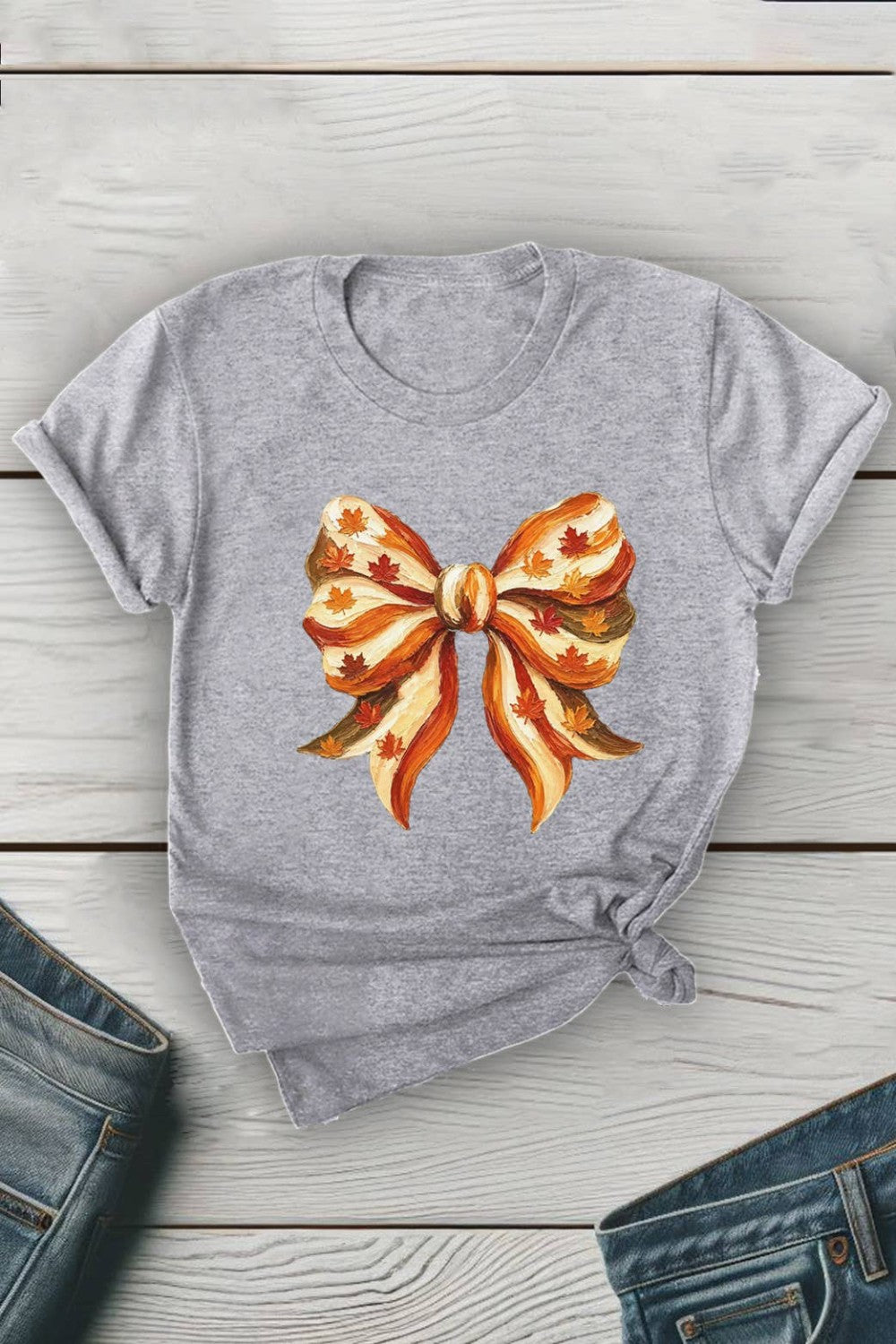 Autumn Fall Bow Paintstroke Like Unisex Round Neck Tee: Heather Grey / Graphic T-Shirt|9171