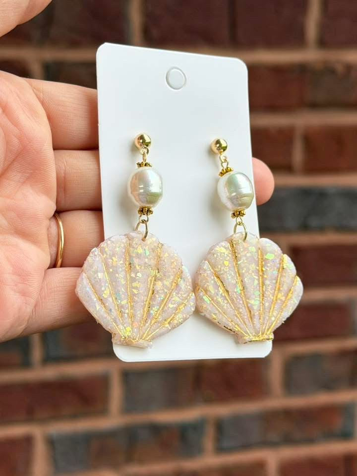 Opal clay seashell earrings|7895
