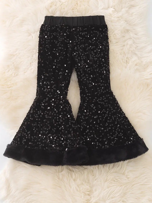 Black Sequins Bell Bottoms with Fur Trim|9111