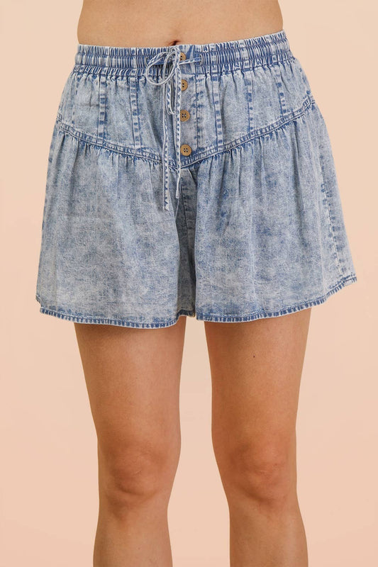 Washed Chambray Flare Shorts|8541