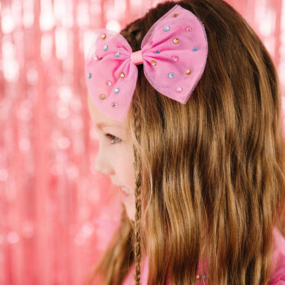 Raspberry Rhinestone Bow Clip - Kids Hair Bow