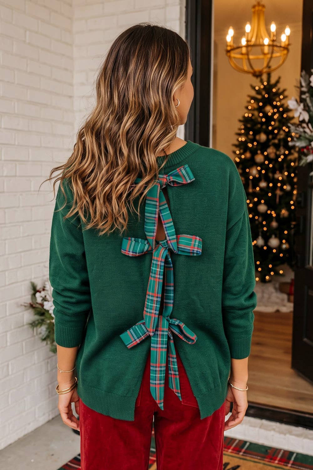 Christmas Back Plaid Bow Knot Ribbon Sweater: Green|9383