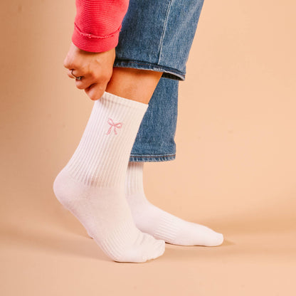 Embroidered Crew Socks-Pink Bow