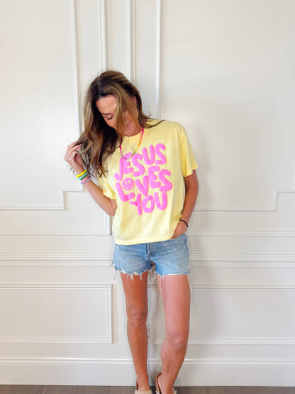 Smiley Jesus Loves You Puff Cropped Tee