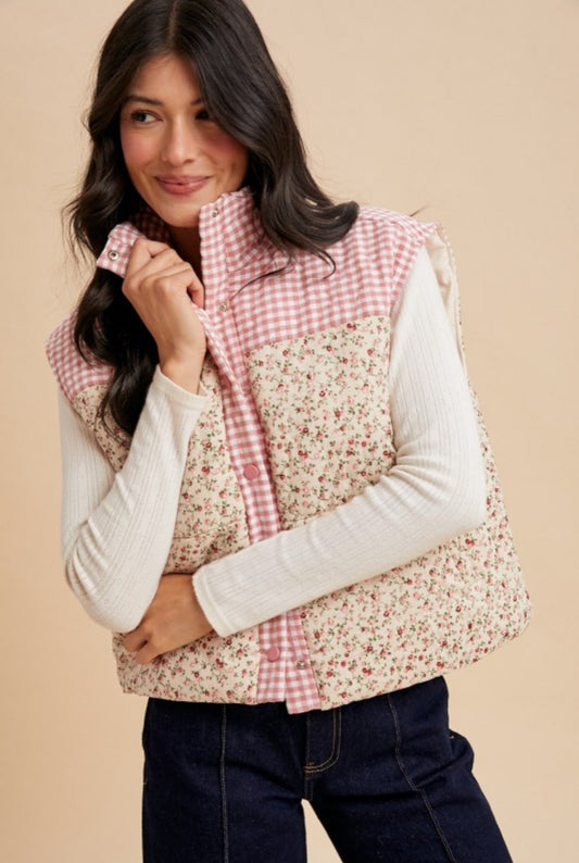Pink Gingham/Floral Quilted Vest|1785