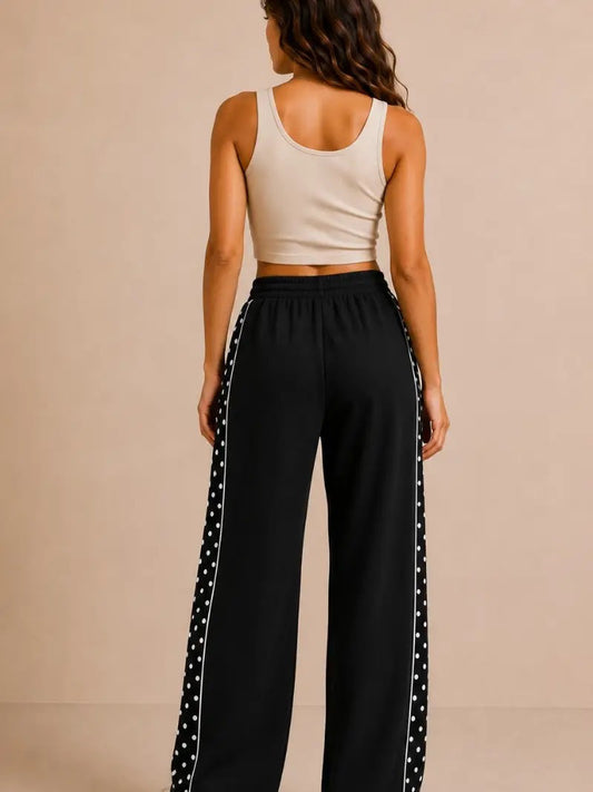 Polka Dot Side Stripe Wide Leg Sweatpants - Black|9376