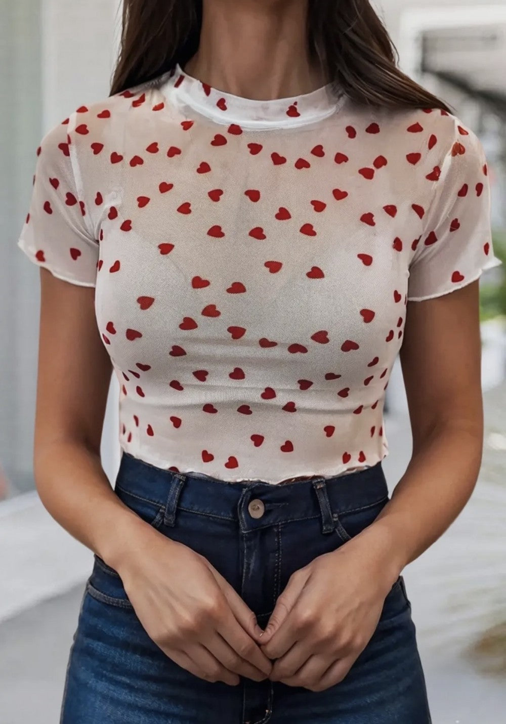 Heart Print Mesh Short Sleeve Top|5157