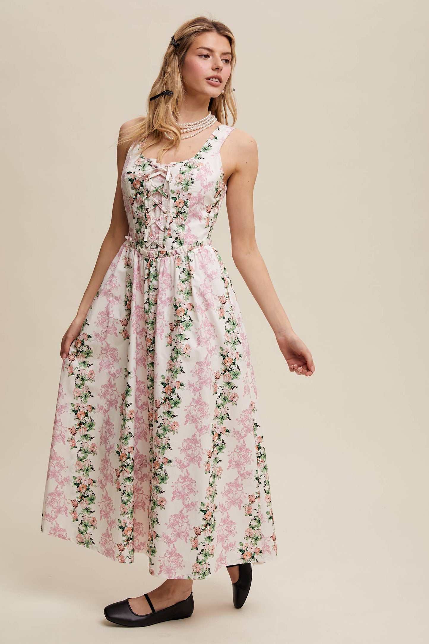 Floral Lace-Up Maxi Dress