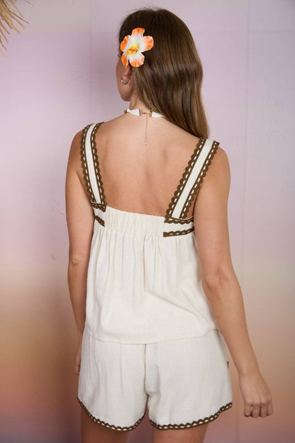 Contrast Scalloped Trim Sleeveless Linen Cami|7580