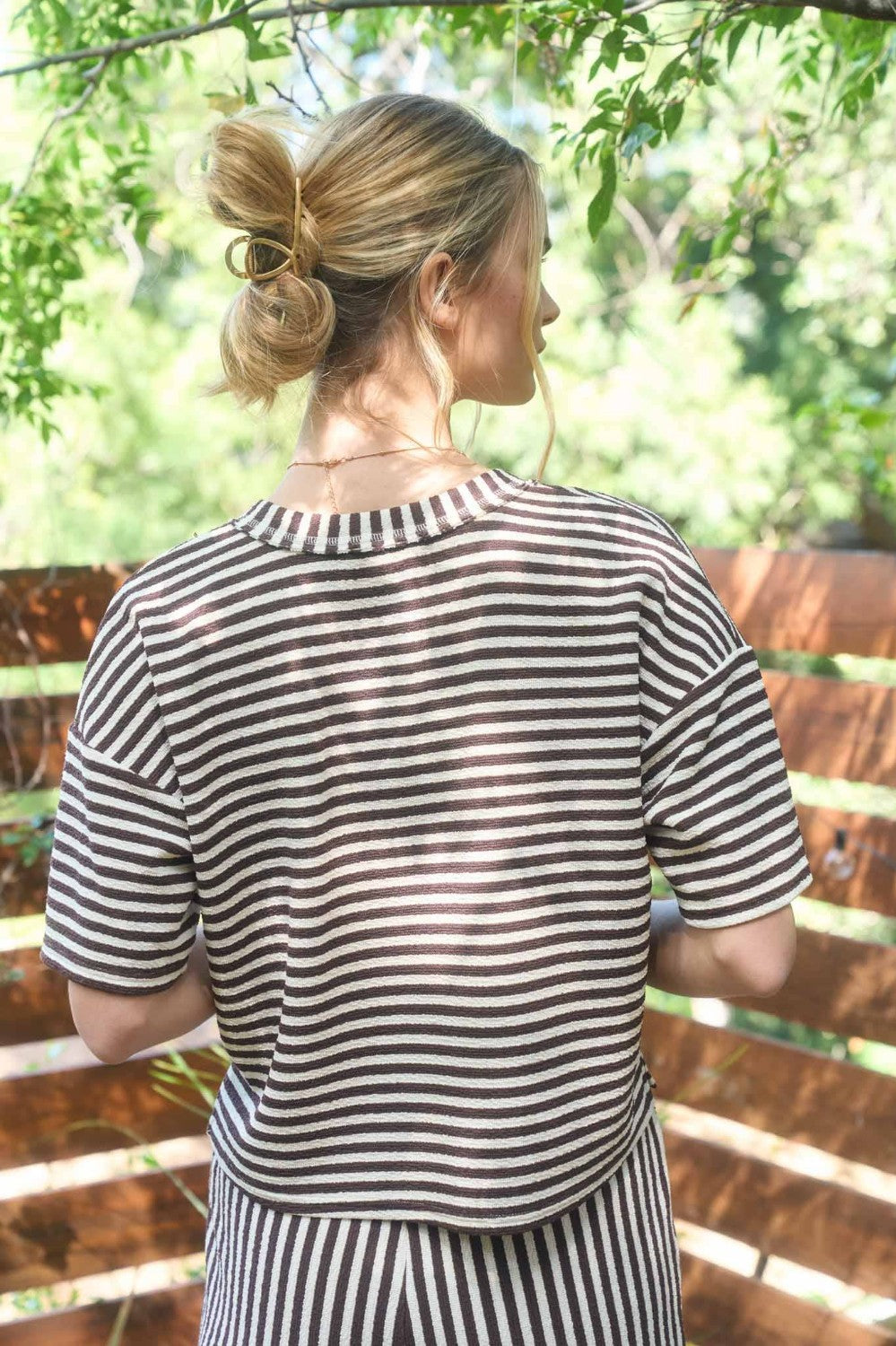 Brown Stripe Drop Sleeve Knit Top|7573