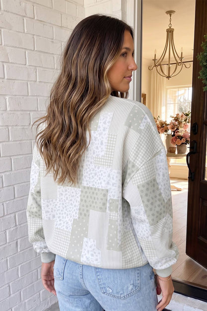 Patchwork Floral Print Mock Neck Sweatshirt: Green|9380