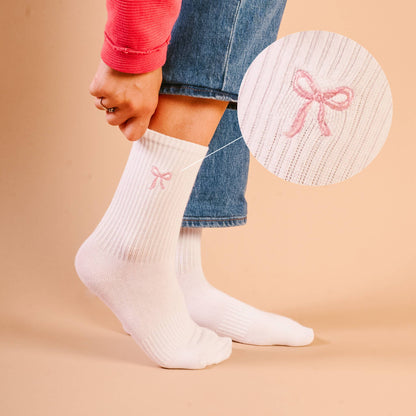 Embroidered Crew Socks-Pink Bow