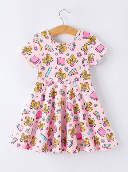 Back to School Print Girls Dress Short Sleeve