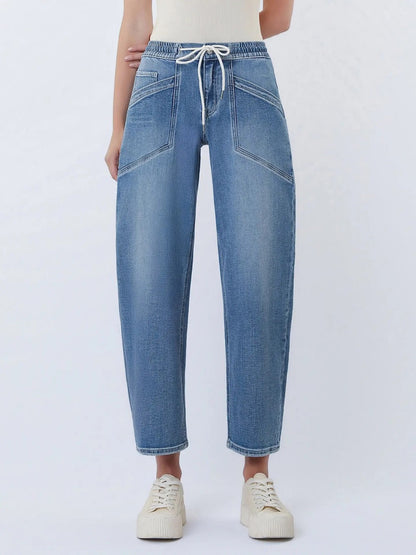 Elastic Waistband Wide Barrel Jeans|9213