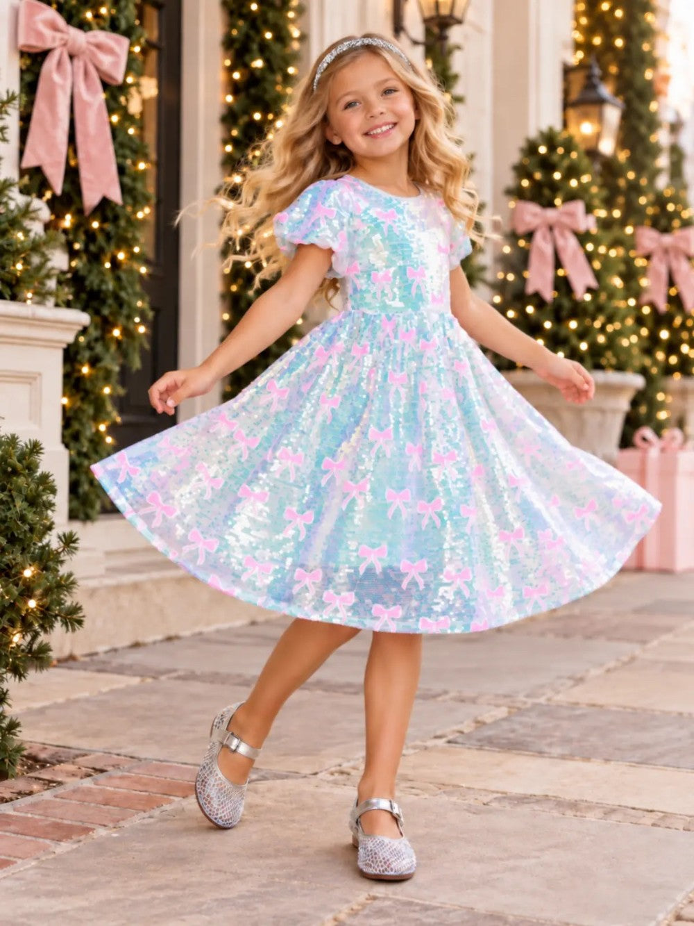 Sparkle Pink Bow Sequin Dress|9281