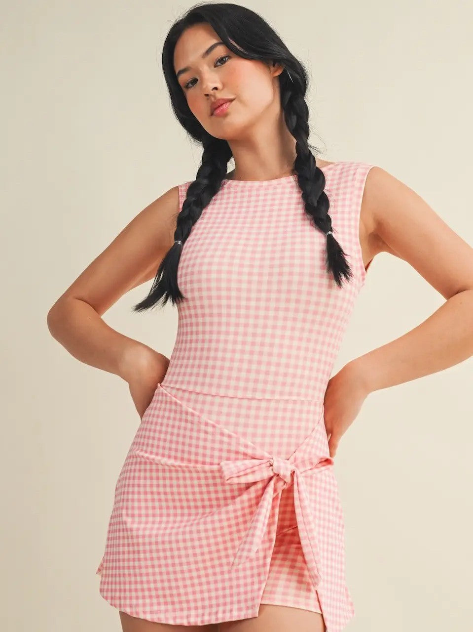 Gingham Print Wrap Tie Front Dress|7874