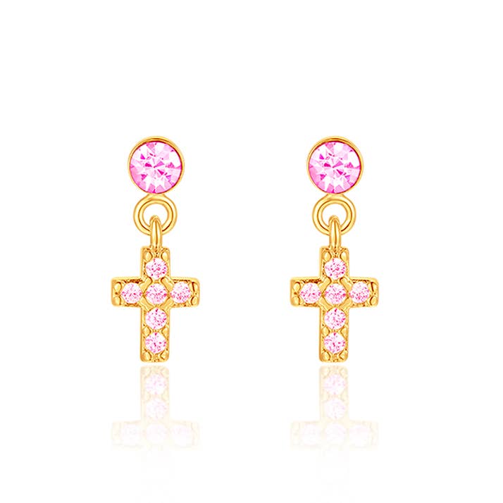 Little Luxe Drop Earrings | Cross with Pink Cubic Zirconia
