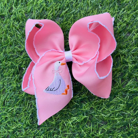White Duck On Pink Embroidered Bow|9104