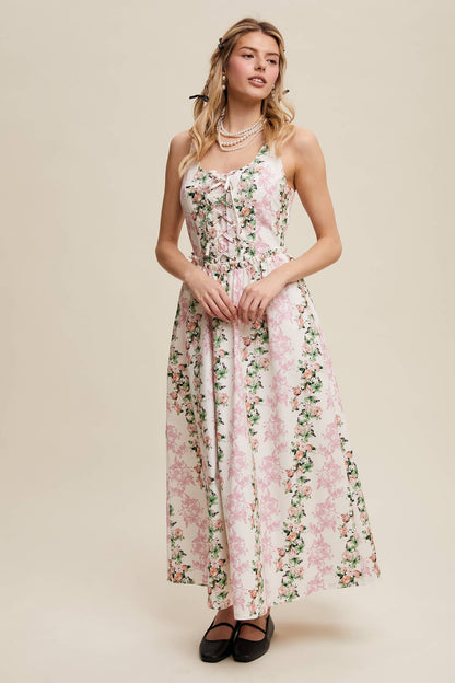 Floral Lace-Up Maxi Dress