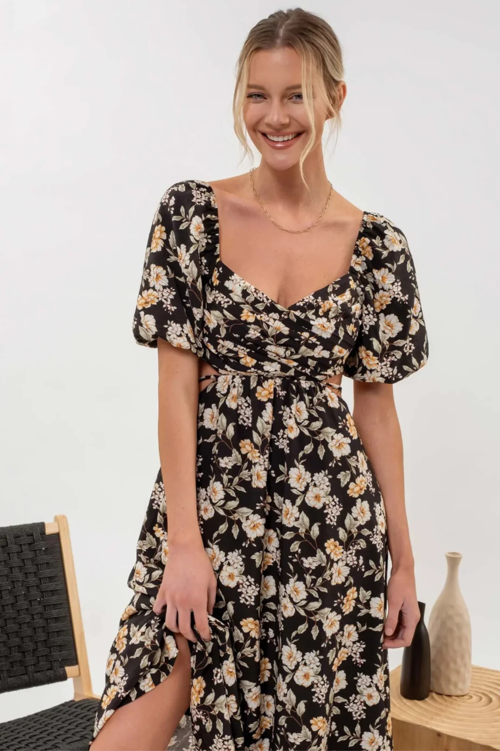 Floral Puff Sleeve Cutout Midi|7881