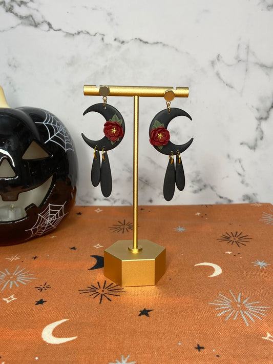 Black Flowered Moon Dangles|1509
