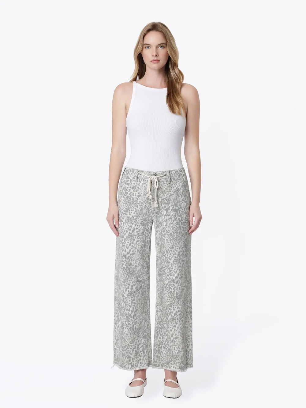 Leopard Print Drawstring Ankle Wide Jeans|9209