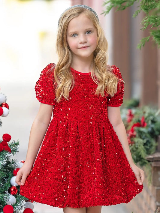 Glam Sparkle Sequin Puff Sleeve Dress|9279