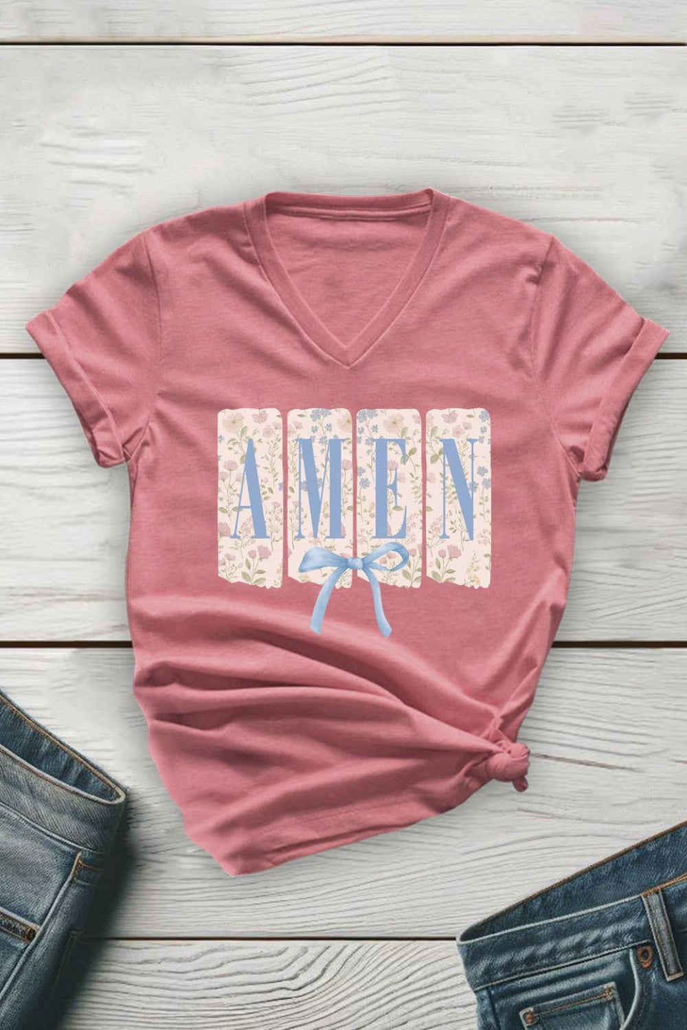 Blue Floral Amen Unisex V Neck Tee: Dusty Rose|9175