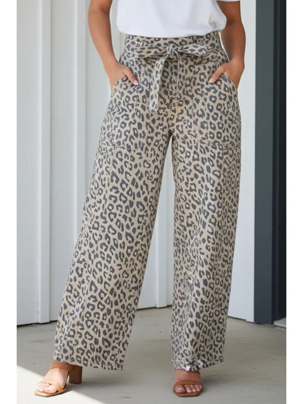 Leopard Drawstring Wide Leg Jeans|8731