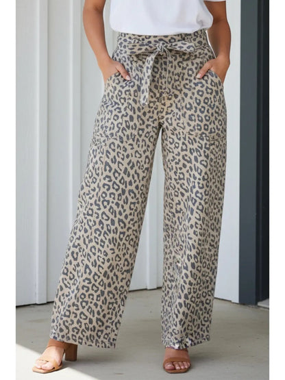 Leopard Drawstring Wide Leg Jeans|8731