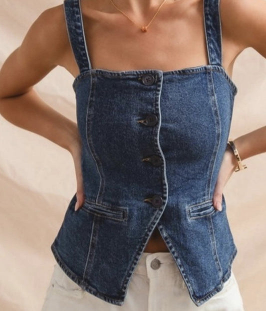 Denim Button Tank|763