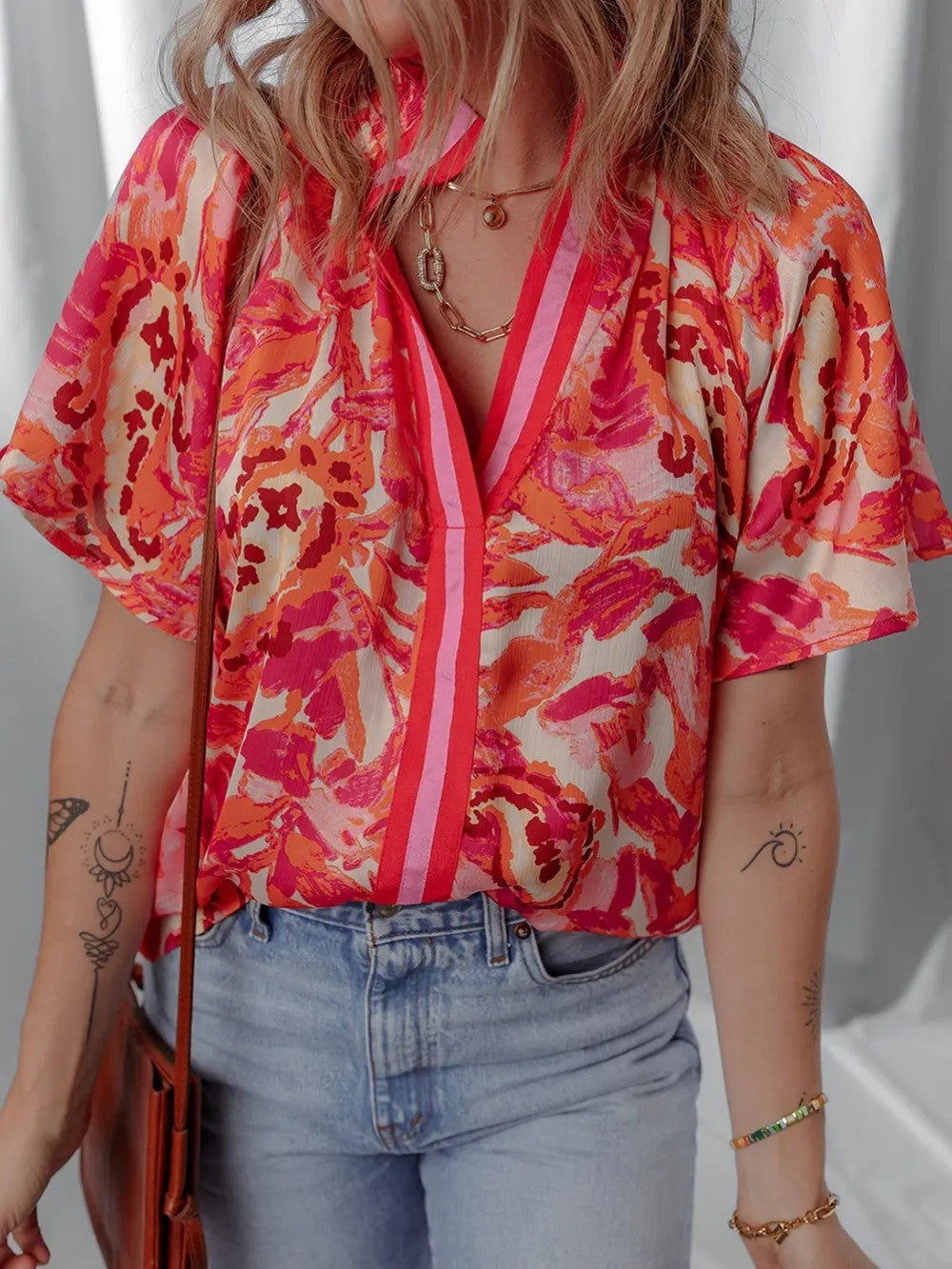 Abstract Print Split Neck Blouse|6109