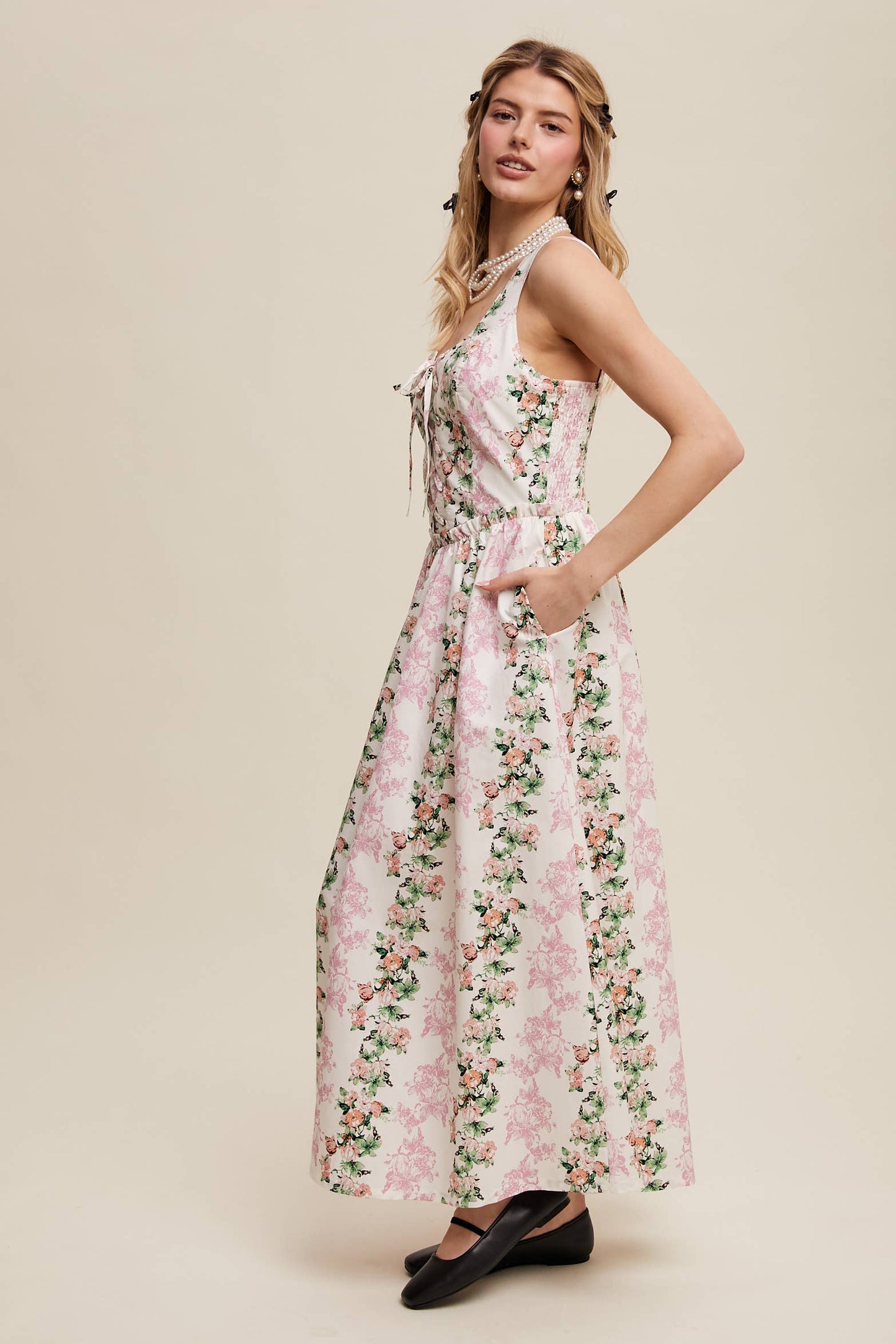 Floral Lace-Up Maxi Dress